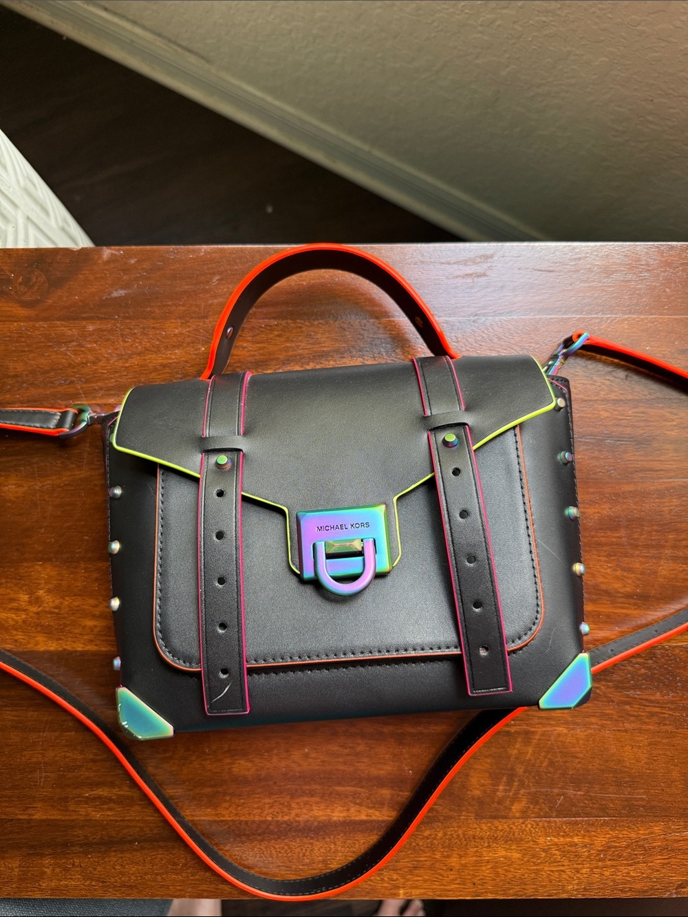 Michael Kors Black Messenger Bag with Neon colored Trim